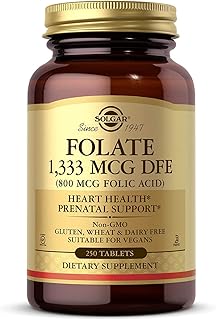 Solgar Folate 1,333 MCG Dietary Folate Equivalent (800 mcg Folic Acid), 250 Tablets - Heart Health, Healthy Nervous System, Prenatal Support - Non-GMO, Vegan, Gluten Free, Dairy Free - 250 Servings