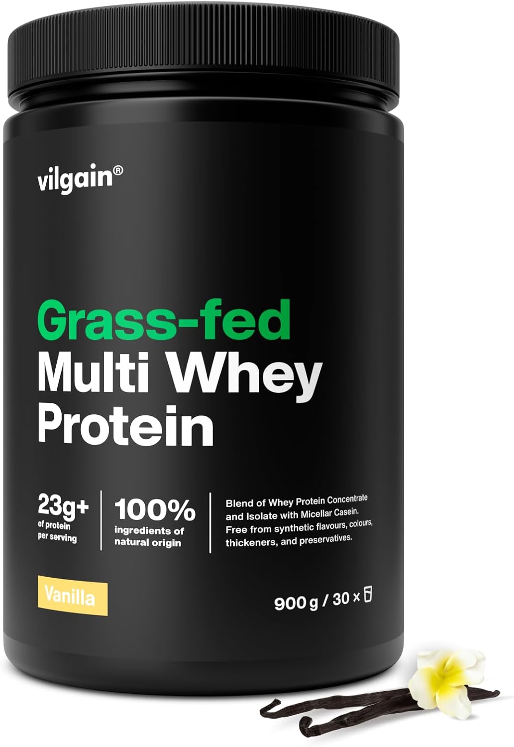 Vilgain Grass-Fed Multi Whey Protein-77% whey Concentrate, Isolate and Casein, Works Immediately After Training and in case of prolonged Protein Deficiency (900g, Vanilla)
