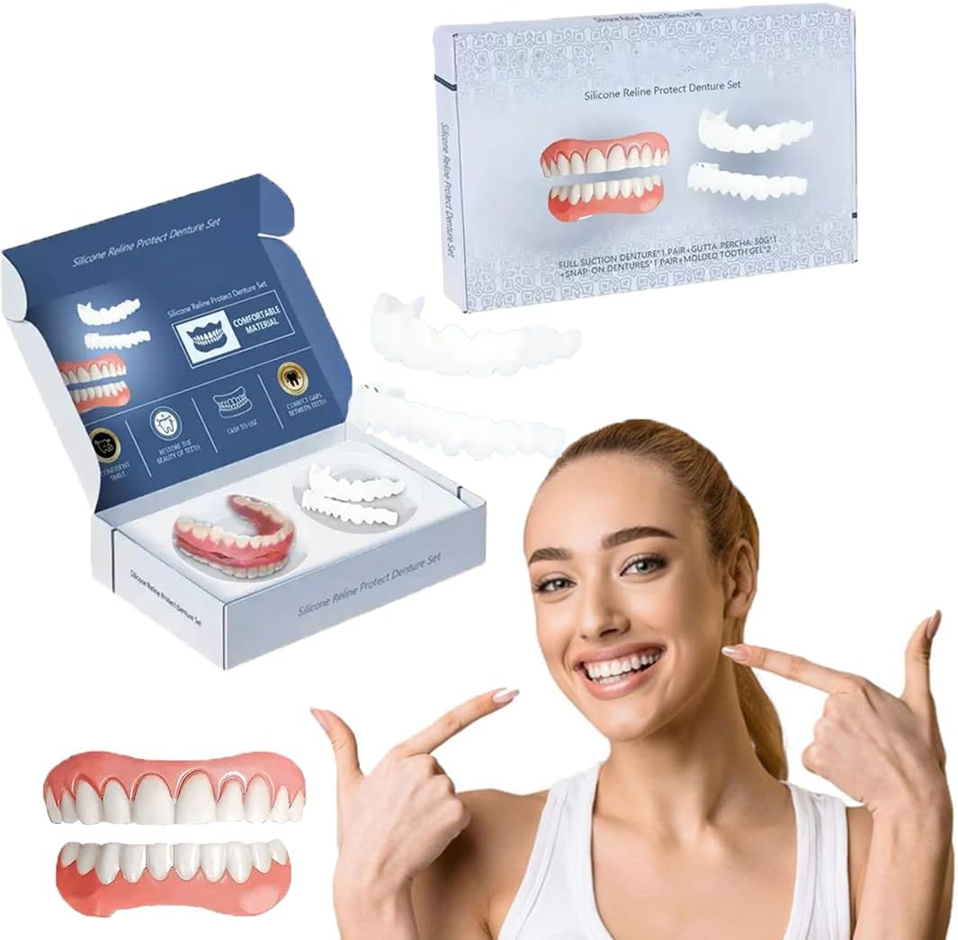 Silicone Dentures Full Mouth,Dentures Teeth Top and Bottom,Denture Reliner,Clip in Veneers Teeth,Advanced Silicone Reline Denture Set，Upper and Lower Denture Sets for Men and Women(1 Set)