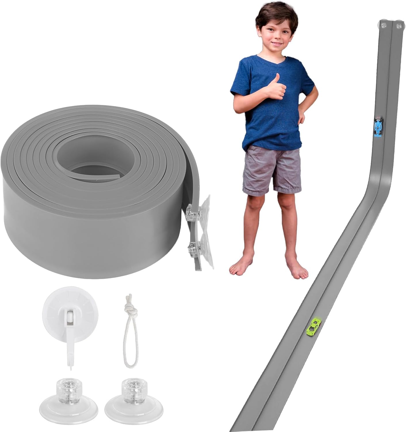 Flex Track 15 Ft Starter Set with Suction Cups Compatible with Hot Wheels and Diecast 1/64th Cars for Ages 3 & Up Green Gray Orange Classic Long Rolls Up Portable Racetrack (Gray)