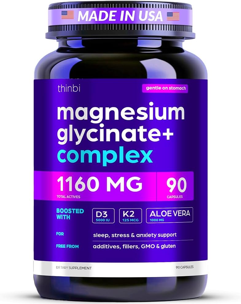 Thinbi Magnesium Glycinate Complex for Women & Men, D3, K2 & Aloe, 90 Caps | Chelated magnesium, Includes Vitamin D3, Vitamin K2 & Aloe Vera, Gentle on stomach, Daily capsule formula