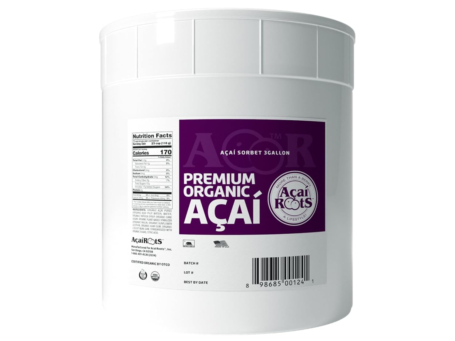Acai Roots Organic Premium Acai Sorbet, 3 Gallon - 1 each.