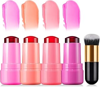 4 PCS Jelly Tint blush Stick, Multi-Use Cooling Water Jelly Tint, Moisturizing Natural Lip and Cheek Stain Stick, Clear Glossy Lip Gloss Waterproof, Longlasting, Non-Stick, Vivid Color (4PCS)