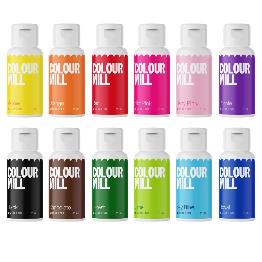 Colour Mill Oil Blend Food Coloring, Kickstarter Pack - 20 Milliliters Each of 12 Colors: Baby Pink, Black, Chocolate, Forest, Hot Pink, Lime, Orange, Purple, Red, Royal, Sky Blue & Yellow