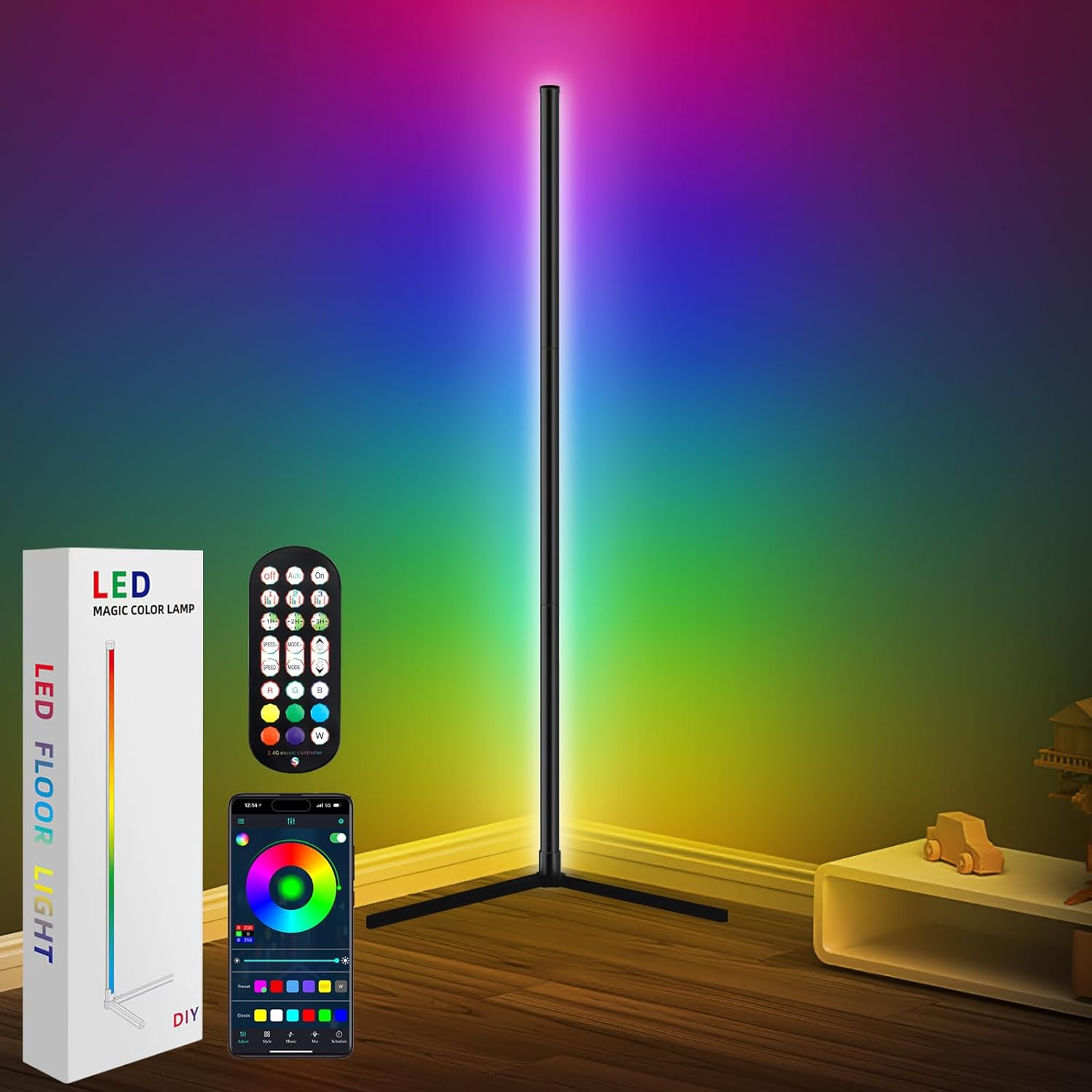 Corner Floor Lamp, 165cm Smart RGB LED Floor Lamp with App Remote Control, Music Sync, DIY Mode, Timer, 16 Million Colour Changing Standing Lamp, Dimmable Modern Mood Lighting for Living Room, Bedroom