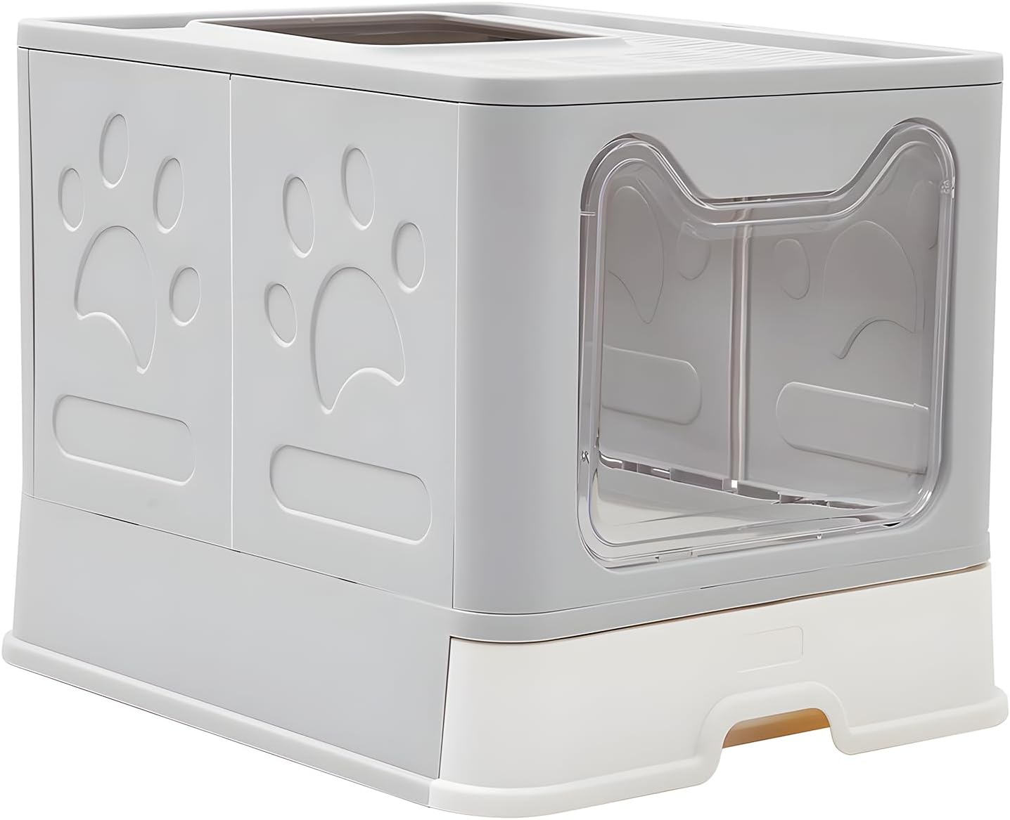 Fellie Foldable Cat Litter Box with Drawer Pan and Scoop, Large Space Hooded Litter Tray, Odor Control Easy Clean Box, 51 x 41 x 38 cm, Grey