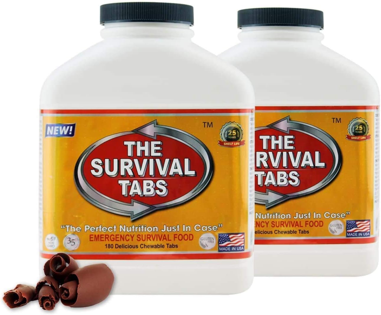 Survival Tabs - 30 Day Survival Food Supply - Gluten Free and Non-GMO 25 Years Shelf Life (2 x 180 tabs/Bottle - Chocolate)