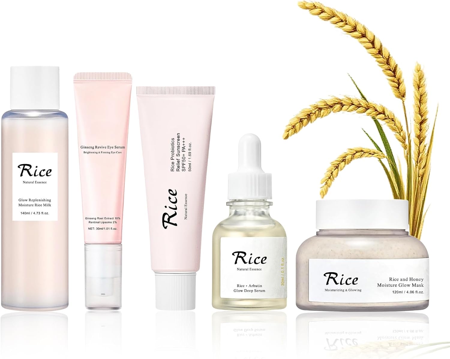 Rice Skincare Set, Rice Korean Skin Care Sets for Glass Skin, Pure Rice Glow Facial Kit, Hydrates, Brightens, Soothes, Gentle on Sensitive Skin, 5PCS(Toner, Serum, Eye Cream, Sunscreen, Mask)