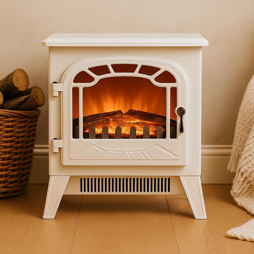 Marco Paul 1850W White Free Standing Electric Fireplace with Real Flame Effect Multiple Heat Settings & Thermostat Energy Efficient Low Energy Silent Mains Powered Heater for Home Living Room Bedroom