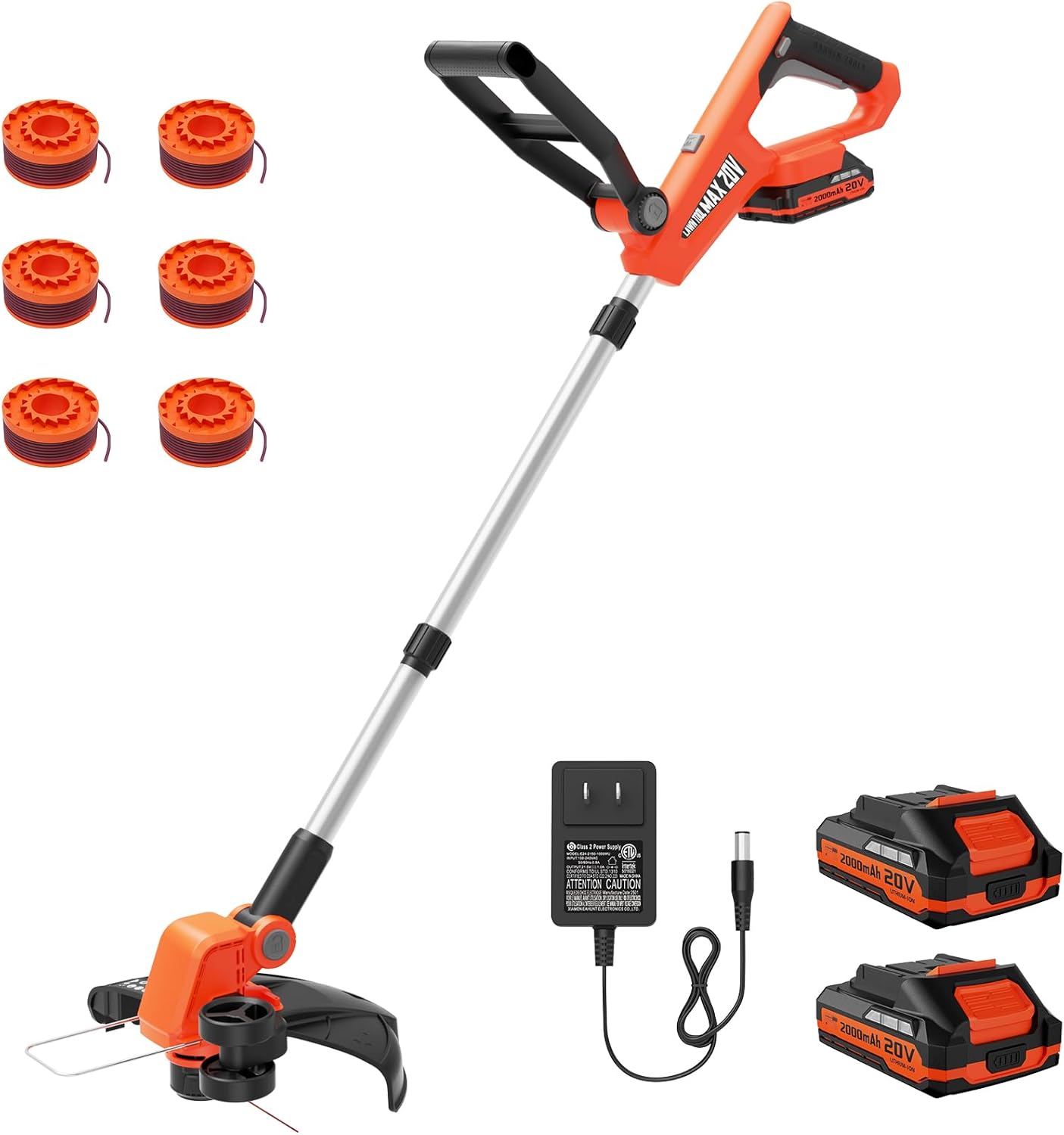 VARSK 20V String Trimmer Cordless, 12 Inch 2 in 1 Trimmer and Edger, Automatic Line Feed, Includes 2 X 2.0Ah Batteries/1 X Fast Charger/6 X Spare Spools, for Lawn, Garden, etc
