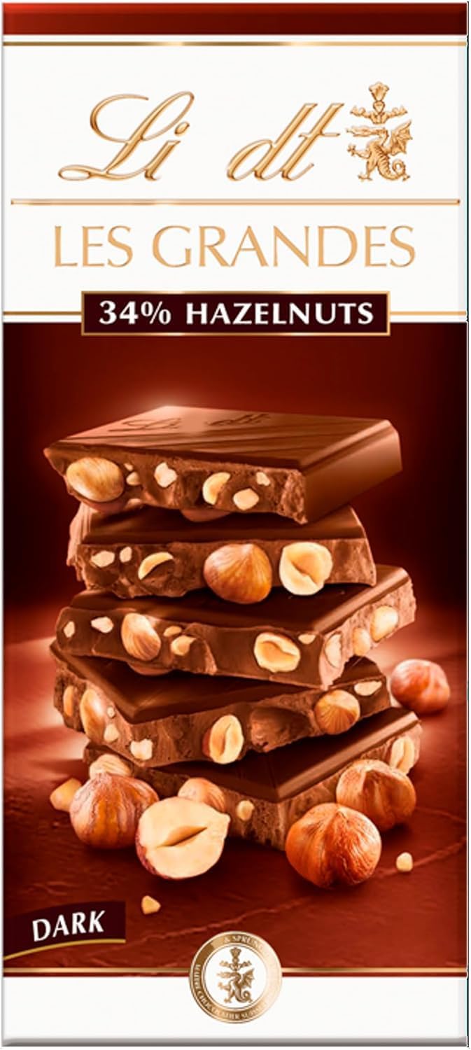 Lindat Les Grandes Dark Chocolate Bar with Whole Hazelnuts, 150g β Premium Swiss Dark Chocolate with Crunchy Nuts