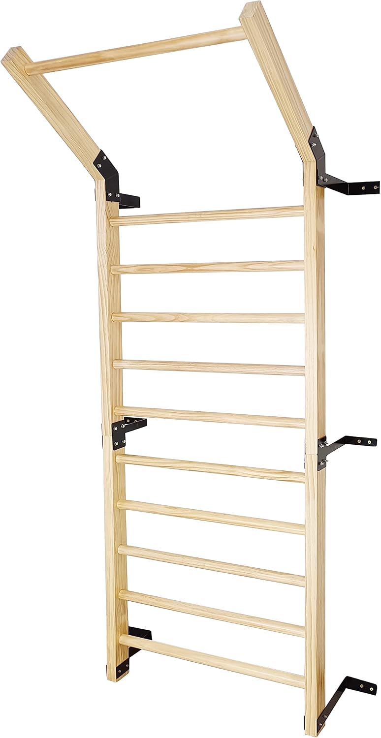 FC FUNCHEER Swedish Ladder,Gymnastics Stall Bar, Wall Mounted Pull Up Bar- Solid Wood With11 Strategic Rods-86.6 Inches Height, 32 Inches Width, Indoor Gym Workout Yoga