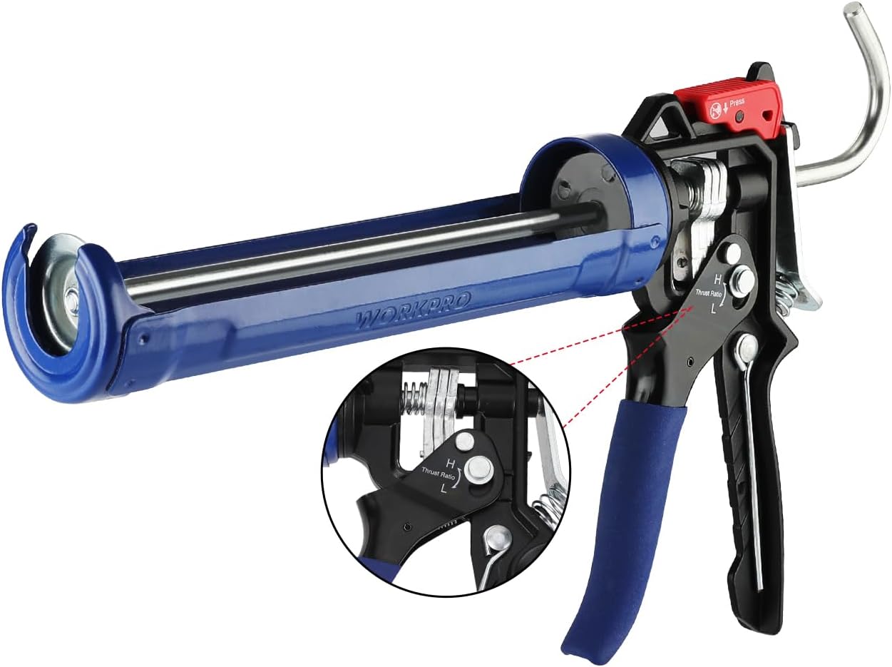 WORKPRO Sealant Caulking Gun, 9:1 & 18:1 Adjustable Thrust Ratio, for Applying 290-310 ml Cartridge Caulks, Sealants, Silicones, Adhesives