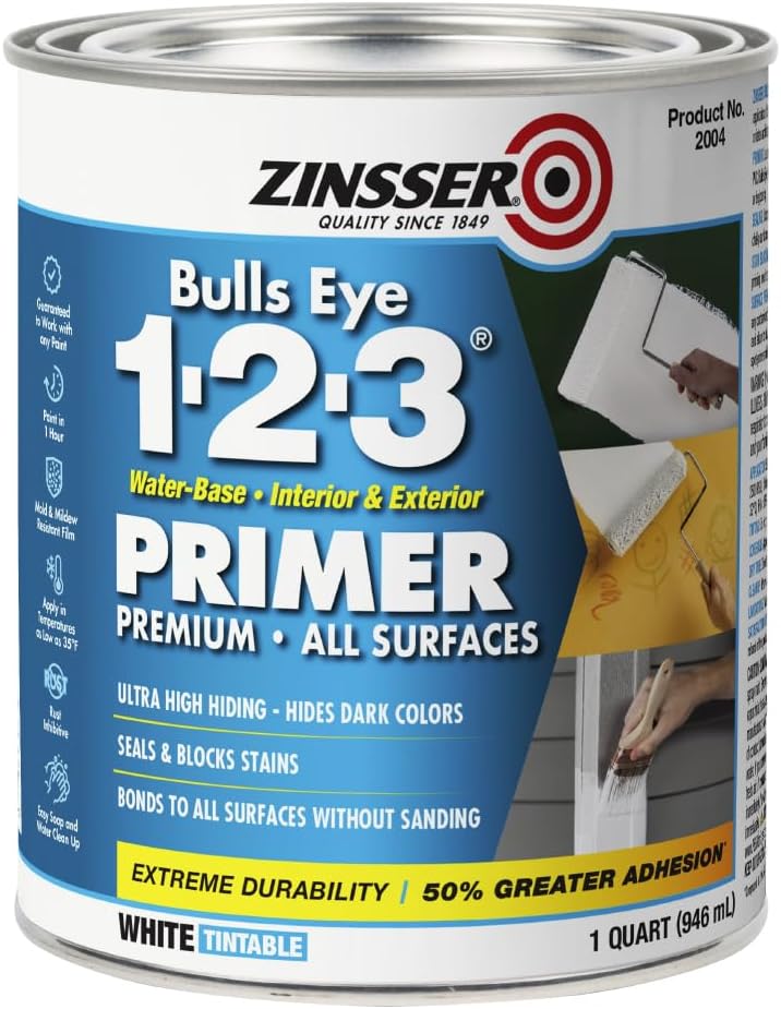 Rust-Oleum ZINSSER 1 qt 02004 White, Bulls Eye 1-2-3 Water-Based Stain Blocking Primer/Sealer