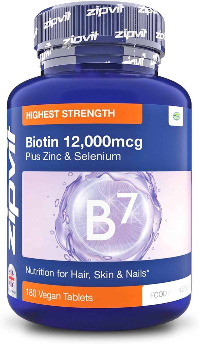 Zipvit Biotin Hair Growth Complex with Zinc & Selenium 12000mcg, 180 Vegan Tablets, High Strength Biotin for Hair and Skin Support for Men and Women