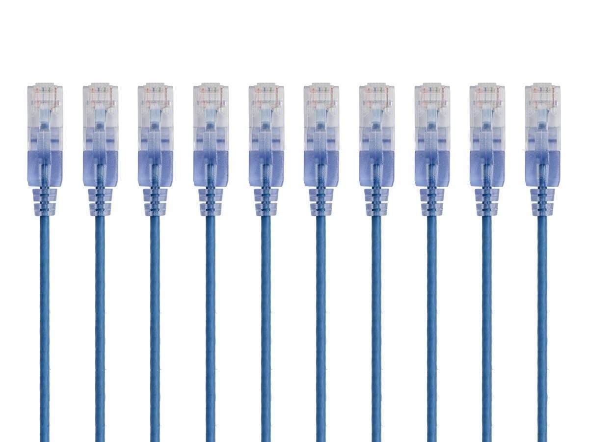 Monoprice Cat6A Ethernet Patch Cable - Snagless RJ45, 550Mhz, 10G, UTP, Pure Bare Copper Wire, 30AWG, 10-Pack, 7 Feet, Blue - SlimRun Series