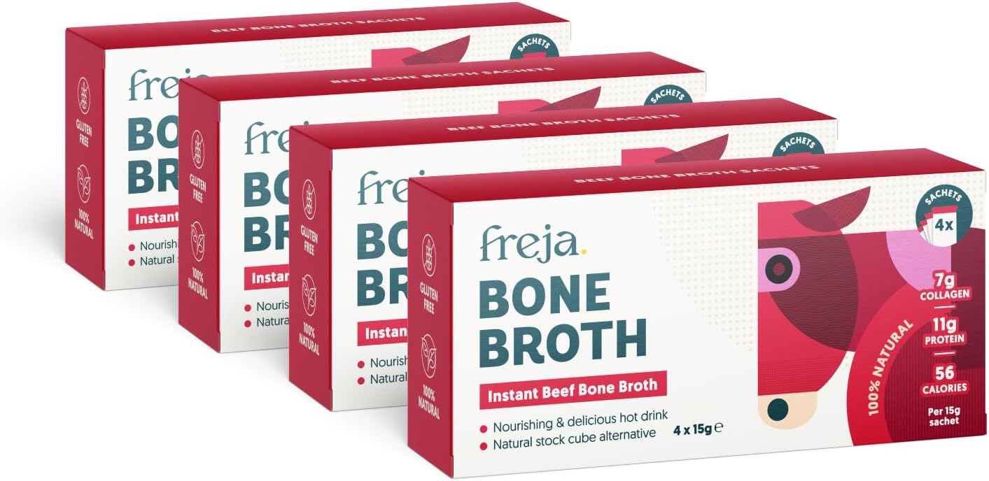 Freja Instant Beef Bone Broth | Beef | 100% Natural | Rich in Collagen, Protein & Amino Acids | Dairy & Gluten Free, 4 boxes (4 x 15g Sachets Per Box)