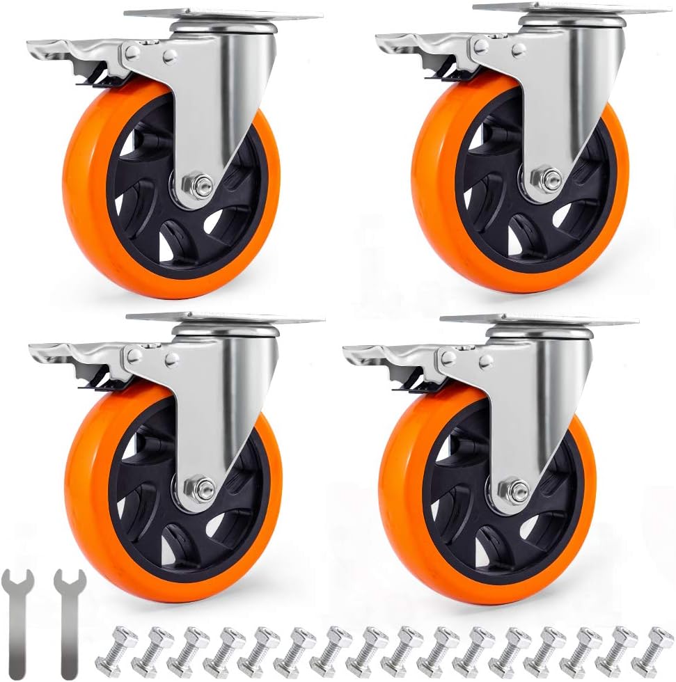 D&L 5 Inch Swivel Casters Wheels 1500lbs Heavy Duty Castors with Brake Polyurethane Dual Locking Casters Set of 4 Orange DL-I5-001