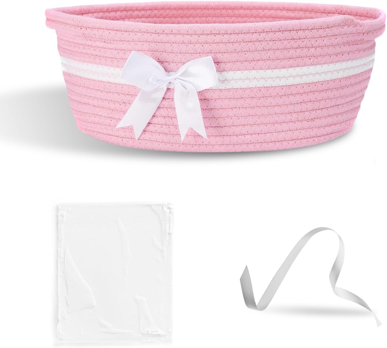 Pink Baby Hamper Basket Gift Baskets 12 Inch Woven Cotton Rope Gift Hamper Basket with Ribbons for Baby Shower Wedding Birthday 30 x 20 x 14 cm