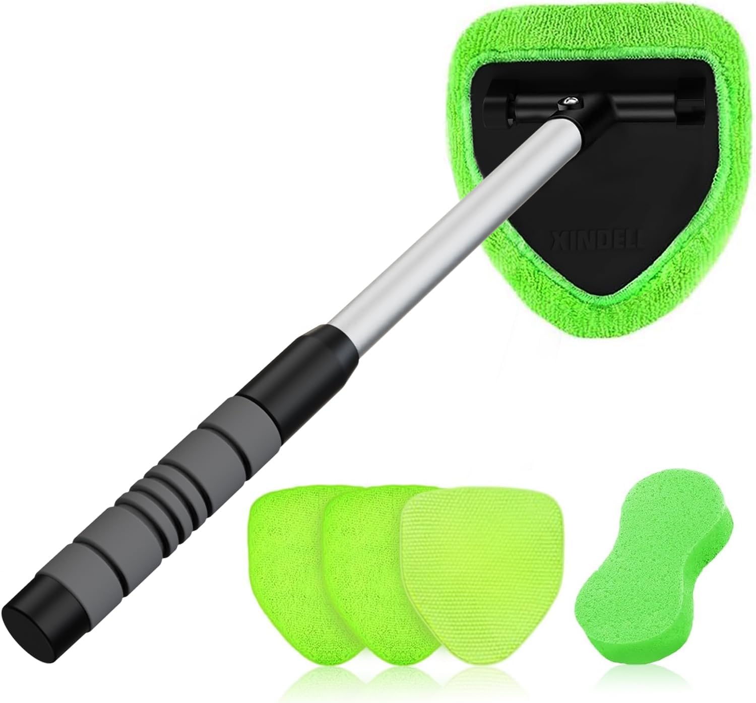 XINDELL Windshield Cleaner Tool – Upgrade Large Head Car Interior&Exterior Window Cleaning Kit with Extendable Handle & 4 Microfiber Pads, Auto Wiper Brush for Car, Trucks, SUVs, RVs & Home Windows