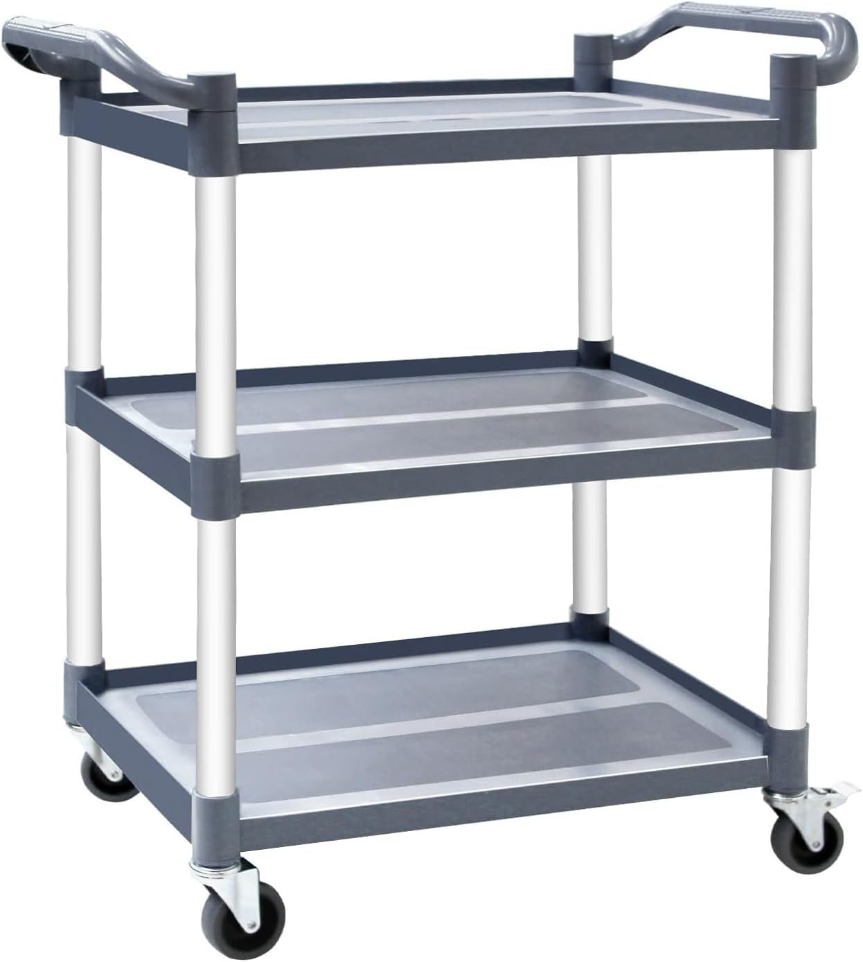Commercial 3-Shelf Rolling Cart with Lockable Wheels, Heavy Duty Plastic Utility Cart for Food Service, Warehouse & Garage – 330 Lbs Capacity gray. B