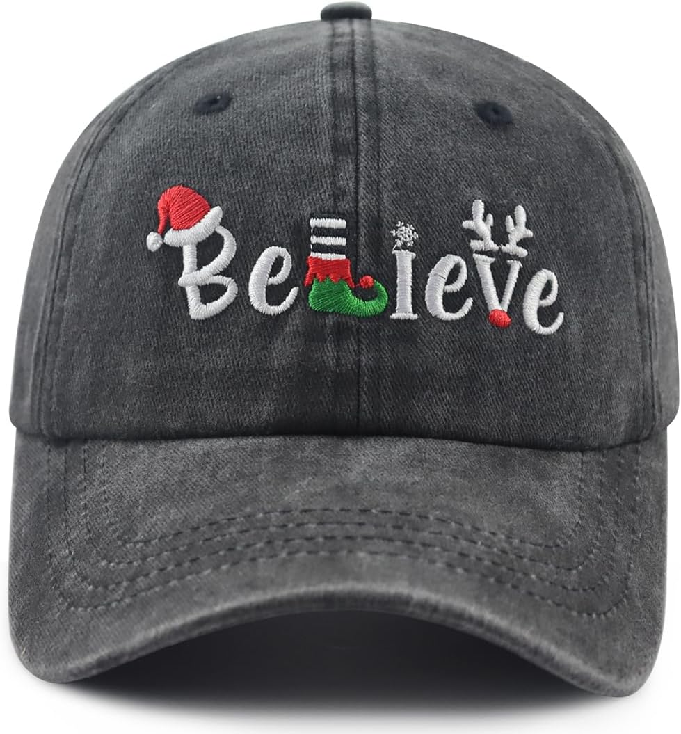 Christmas Believe Hat for Men Women, Funny Adjustable Cotton Embroidered Merry Xmas Santa Holiday Baseball Cap