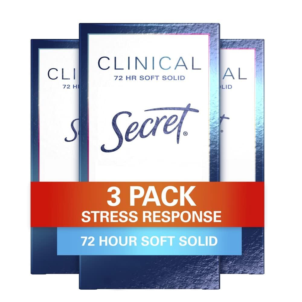 Secret Clinical Strength Antiperspirant and Deodorant for Women, Stress Response, 72hr Stress Sweat Protection, PH Balancing Minerals, Soft Solid, 1.6 oz (Pack of 3)