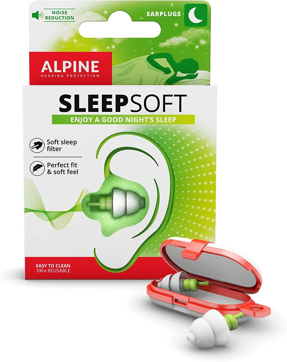 Alpine SleepSoft Ear Plugs for Sleep - Ultra Soft Filter for Side Sleeper - Reduce Noises & Improve Sleep - Reusable, Hygienic, Hypoallergenic Hearing Protection for Adults with Long Lasting Comfort