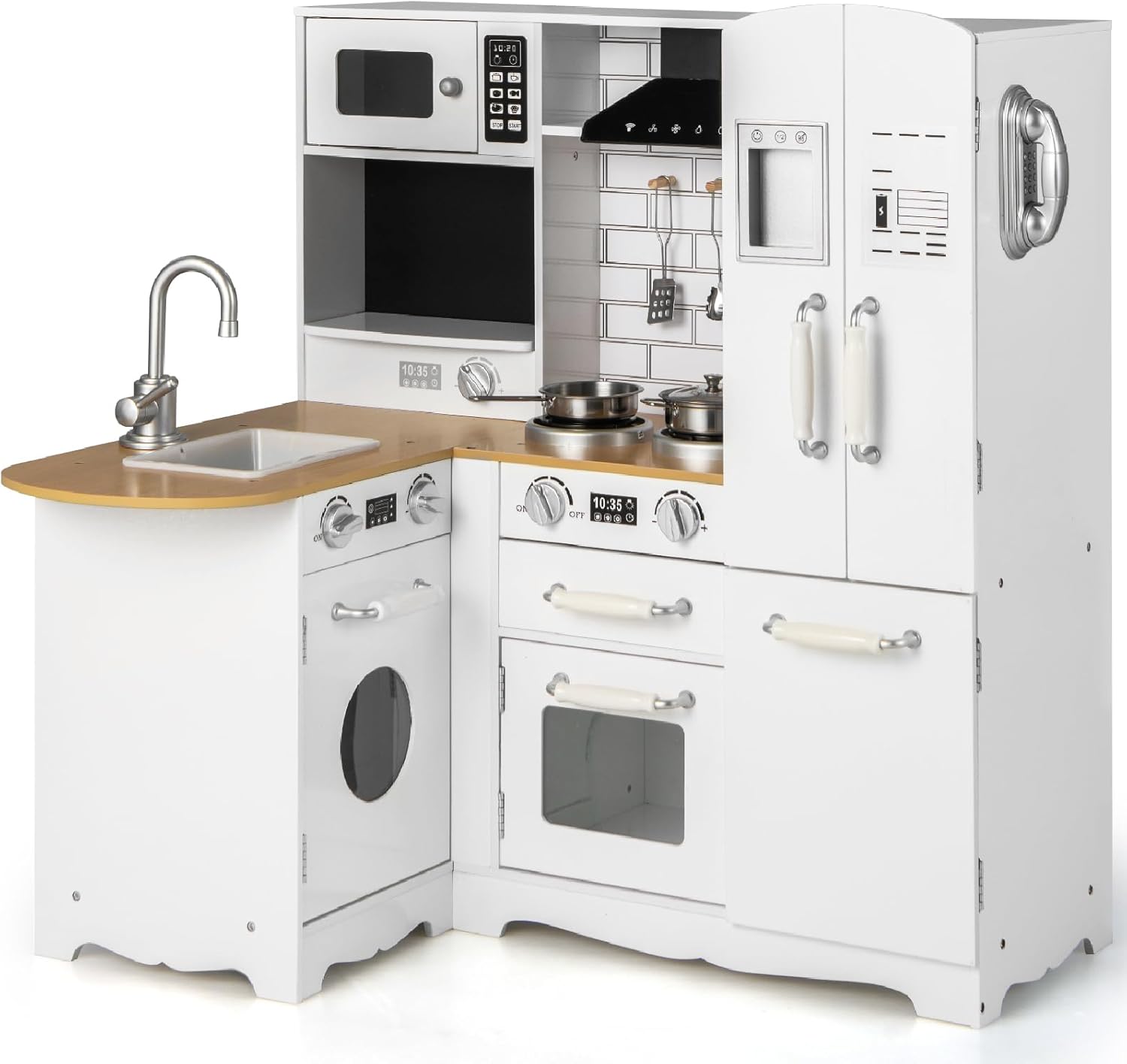 GYMAX Kids Corner Kitchen, Wooden Toy Kitchen with Sink, Stove, Microwave, Oven, Range Hood, Refrigerator, Water Dispenser and Cookware Accessories, Children Role Play Kitchen for Girls Boys (11 in 1)