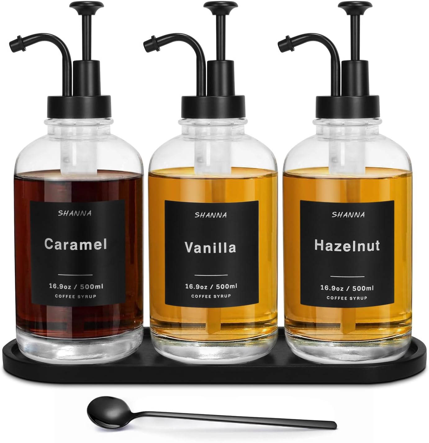 Coffee Syrup Dispenser for Coffee Bar, 16.9oz 500ml Glass Syrup Dispenser w Black Coffee Scoop, Coffee Syrup Pump Dispenser w 36 Labels and Bamboo Tray, Coffee Syrup Bottles with Black Pump, 3PCS