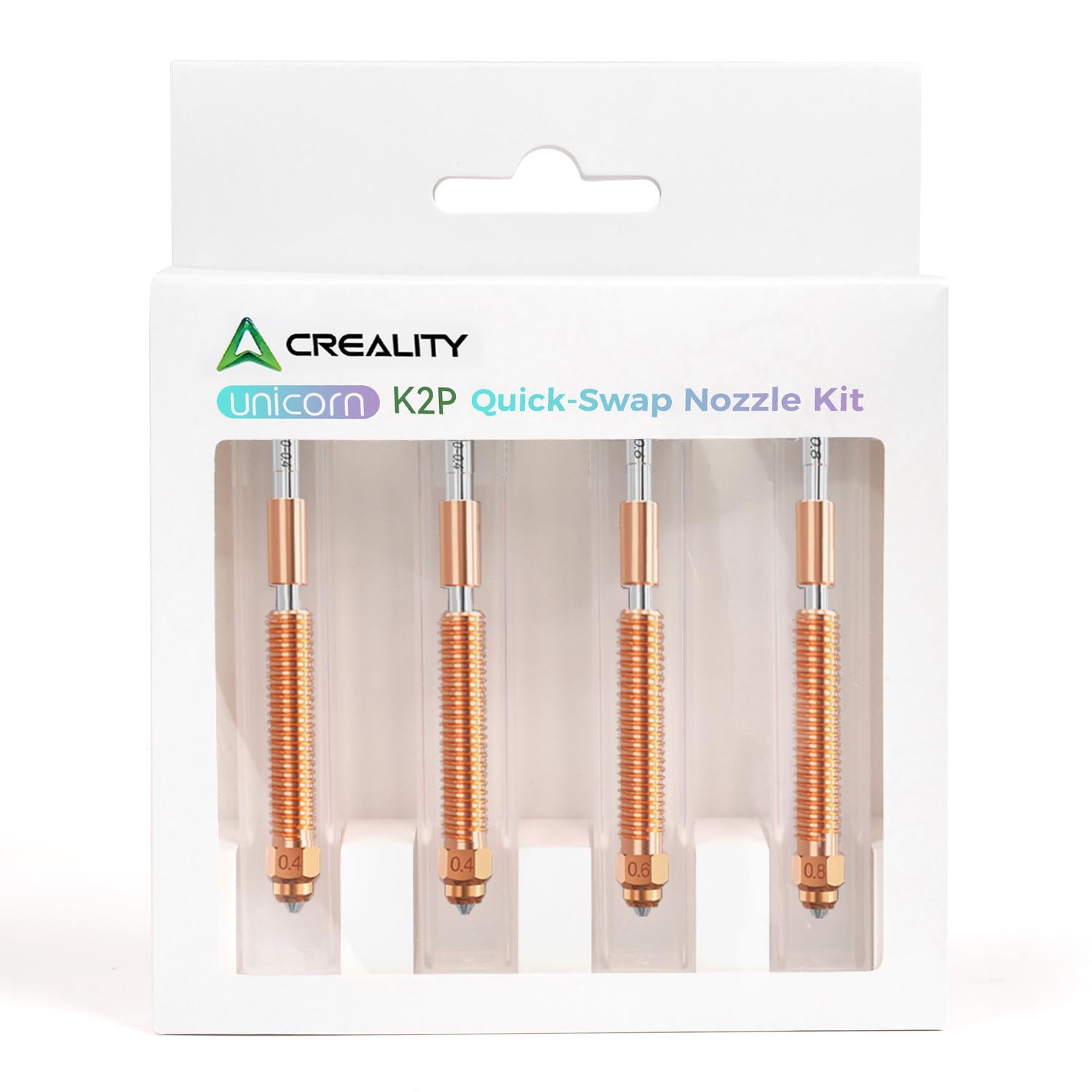 Creality K2 Plus/Creality Hi Combo Nozzle Kit 0.4mm 0.6mm 0.8mm 4PCS, Unicorn K2P Quick-Swap Nozzles Kit with Titanium Alloy Heat Break, Copper Alloy, Hardened Steel, High Flow Nozzle Kit