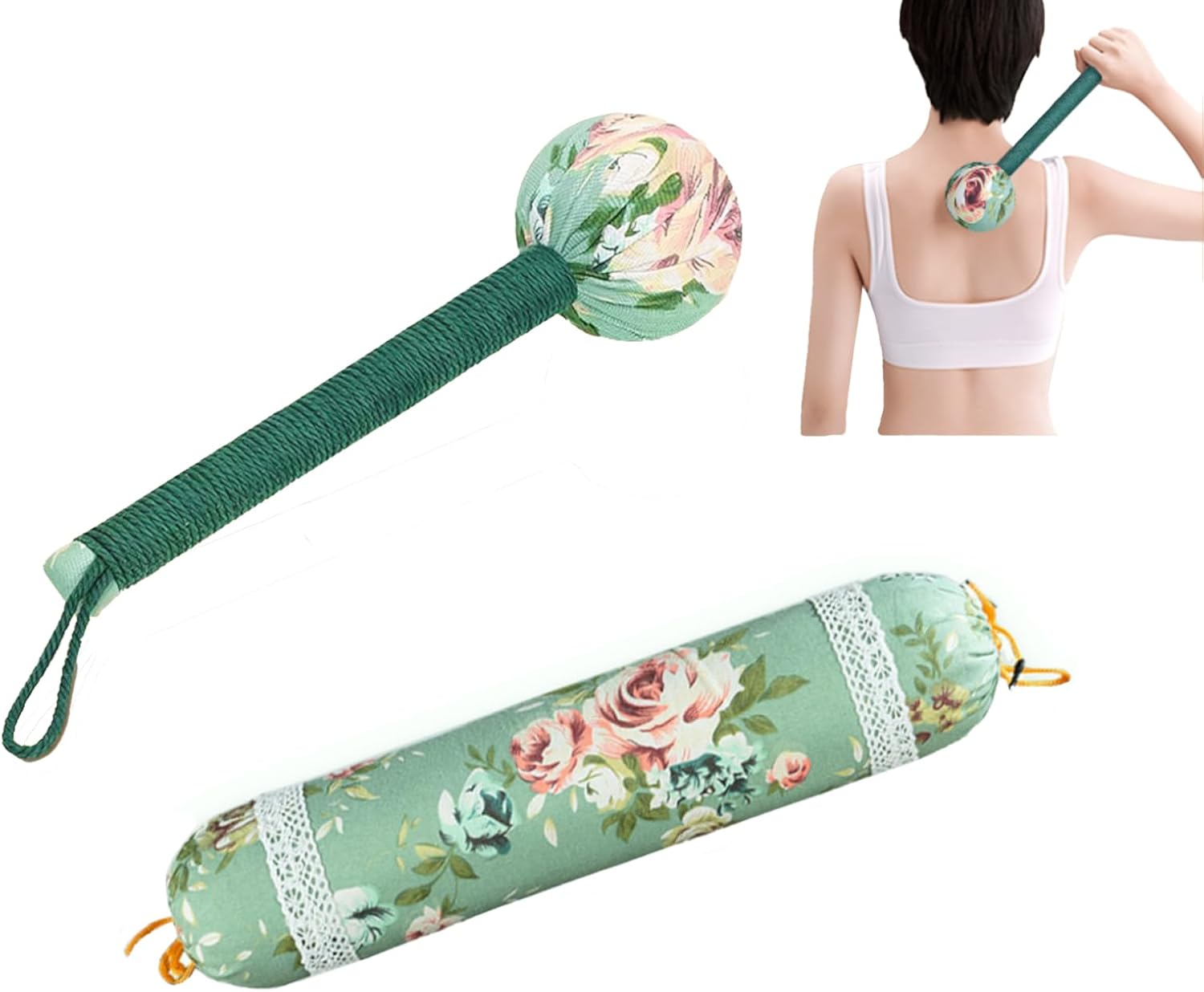 Wormwood Massage Hammer(12 in) & Wormwood Pillow(15 in) Set,Lymphatic Drainage Hammer,Manual Body Massage Hammer,Back Knock Long Handheld Massage Hammer for Back Pain Relief (Fresh Green)