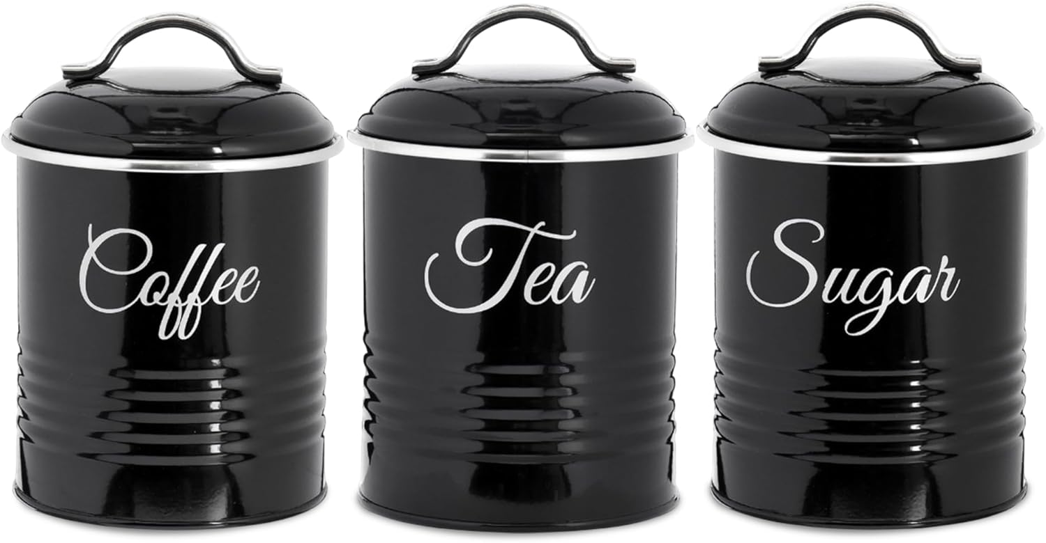 Innoteck Tea Coffee Sugar Canister Set - Set of 3 Kitchen Canister Sets with 1.3L Capacity, Food-Grade Metal Kitchen Food Storage with Airtight Lids, Tea Coffee & Sugar Tins for Organising, Black
