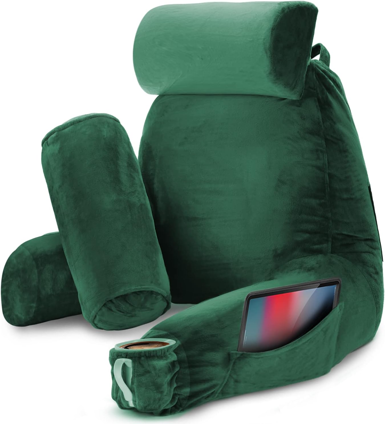 Nestl Reading Pillow with Shredded Memory Foam Includes 2 Neck and Lumber Support Pillows, Designed for Sitting Up in Bed and Couch, Back and Arms Adjustable Support for Adult & Teens, Dark Green
