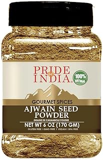 Pride of India – Ajwain Seed Powder – Gourmet Indian Spice – Made from Fresh Carom Seeds – Rich in Nutrients – Aromatic & Flavorful – Easy to Use - 8oz. Medium Dual Sifter Jar