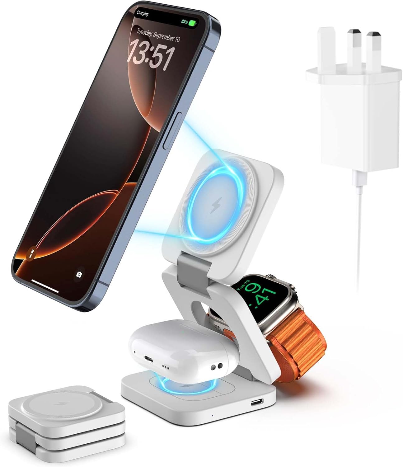 KU XIU Foldable 3 in 1 Wireless Charging Station for Apple, Magnetic Wireless Charger, Travel Fast Charger Stand for iPhone 16/15/14/13, for Watch 10/9/Ultra2/Ultra/8/7/6/SE/5/4, for AirPods 4/3/2/Pro