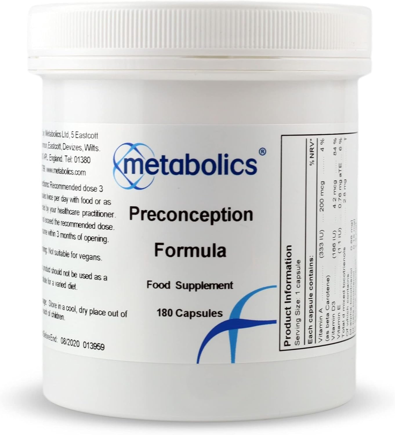 Metabolics Preconception Formula (Pot of 150 Capsules) | Fertility Product for Women & Men | Packed with Active Forms- Additive Free