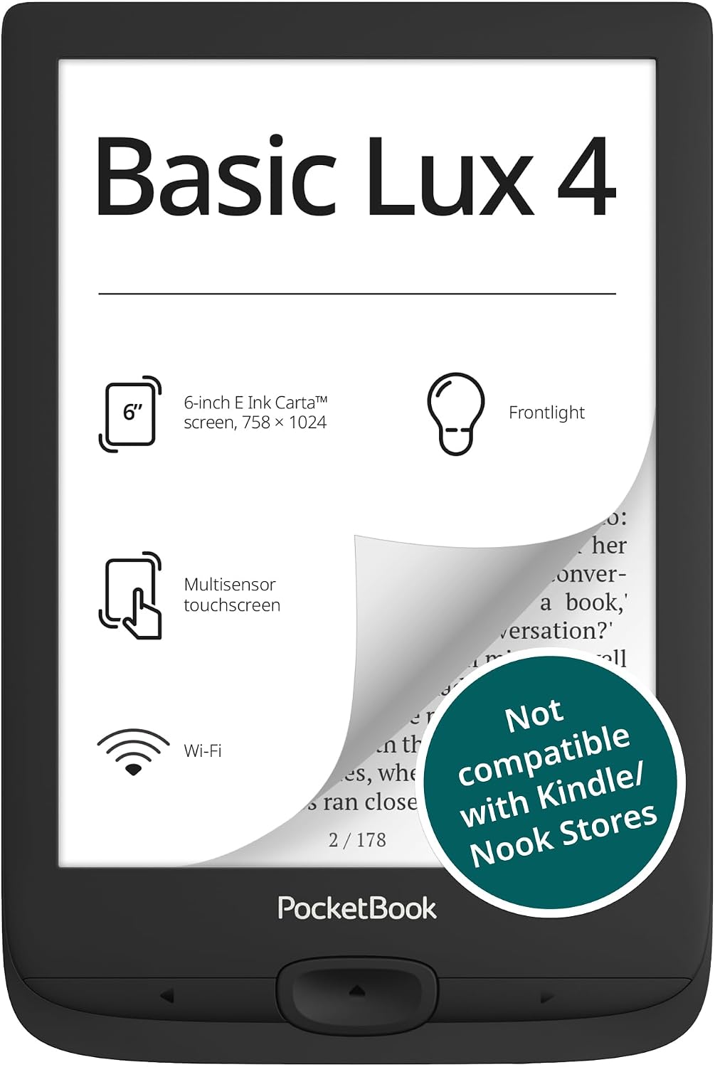 PocketBook Basic Lux 4 E-Book Reader - 6" Glare-Free HD E-Ink Display - Frontlight - Compact & Lightweight Ebooks Reader - Wi-Fi, Ergonomic Buttons - MicroSD Slot - Eye-Friendly Ereader