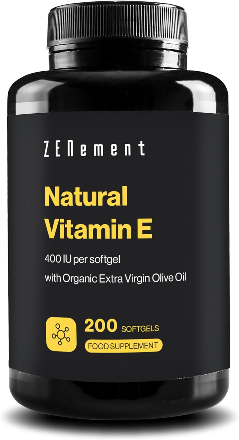 Natural Vitamin E - 400 IU, (D-Alpha-Tocopherol), 200 Softgels | with Organic Extra Virgin Olive Oil | Antioxidant and Anti-Aging | Zenement