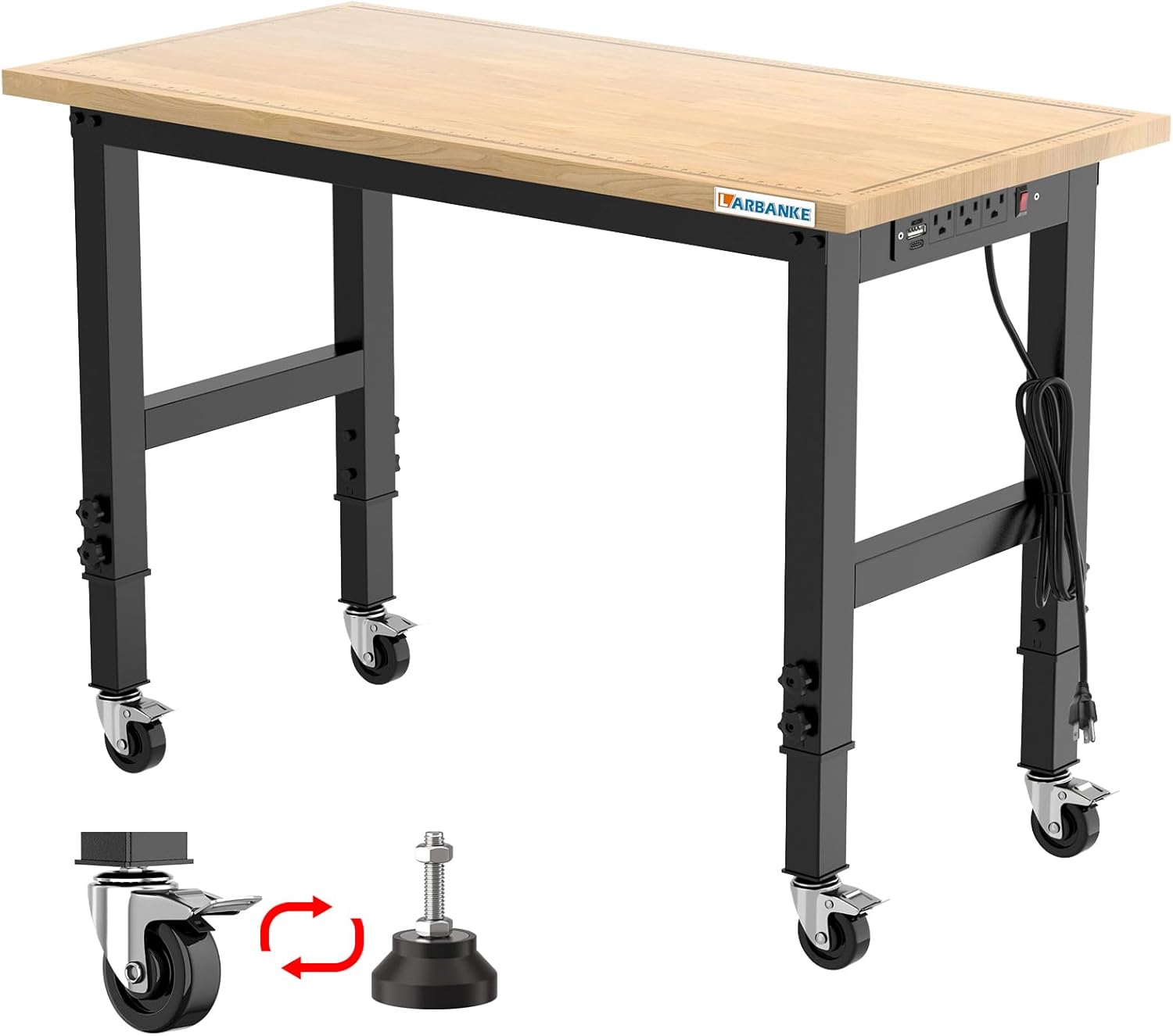 48" Adjustable Workbench with Wheels,Heavy-Duty Rubber Wood Worktable with Power Outlets & Precision Scales & Foot Pads,2000 LBS Load Capacity Work Benches for Garage,Workshop,Office,Home