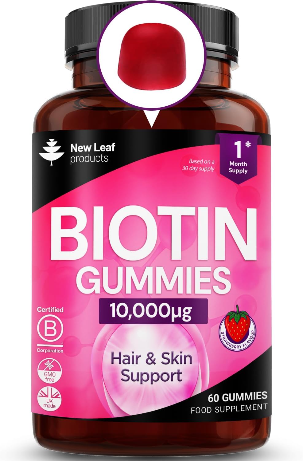 Beauty Hair Skin & Nails Gummies for Hair Growth & Skin Health Biotin 10,000µg- Vegan Chewable Beauty Vitamins Hair Vitamins for Women & Men - GMO Free, No Artificial Colours or Flavours, 60 Gummys