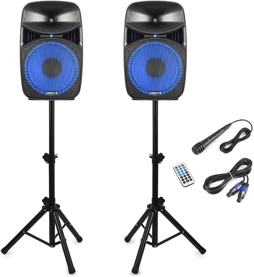 Vonyx VPS122A 12" Bluetooth Active Party Speaker System with LED Lights, Active/Passive Speaker Pair with Speaker Stands & Microphone - Ideal for Home Audio, Parties, DJ Events & Karaoke Nights