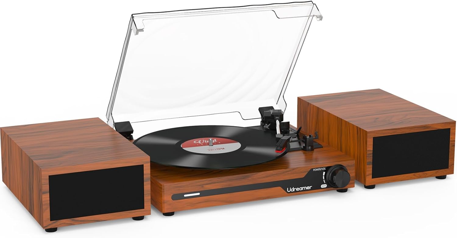 Udreamer Record Player with 2 Dual Stereo Speakers, Vintage Turntable Bluetooth 5.3 Supports 3 Speed, AUX-in, RCA Line, USB, Wireless Playback, Brown