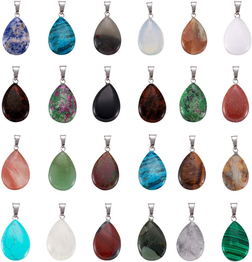 Fashewelry 50Pcs Teardrop Stone Pendants Water Drop Healing Crystal Quartz Chakra Gemstone Rock Charms Random Mixed for Necklace Jewelry Making Hole: 2x7mm