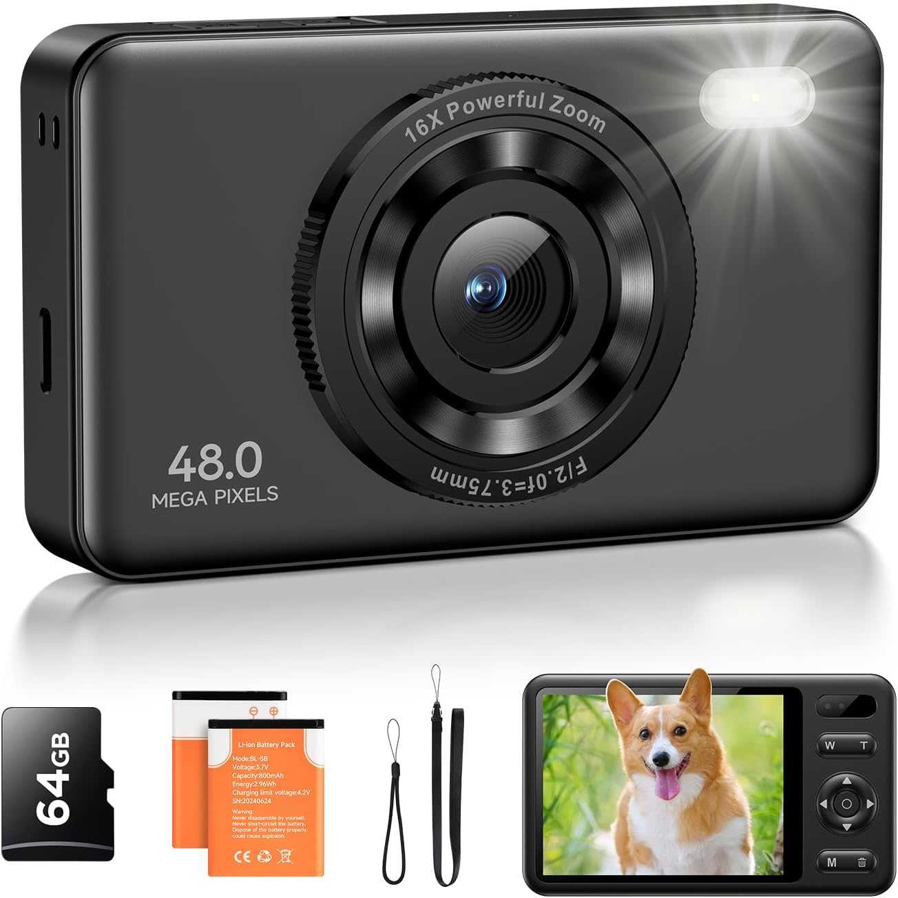 Digital Camera with 64GB Card Autofocus 2.7K 48MP Kids Camera with 16X Zoom Anti Shake 2 Batteries, Compact Portable Small Point and Shoot Digital Cameras Gift for Kid Student Children Teen Girl Boy