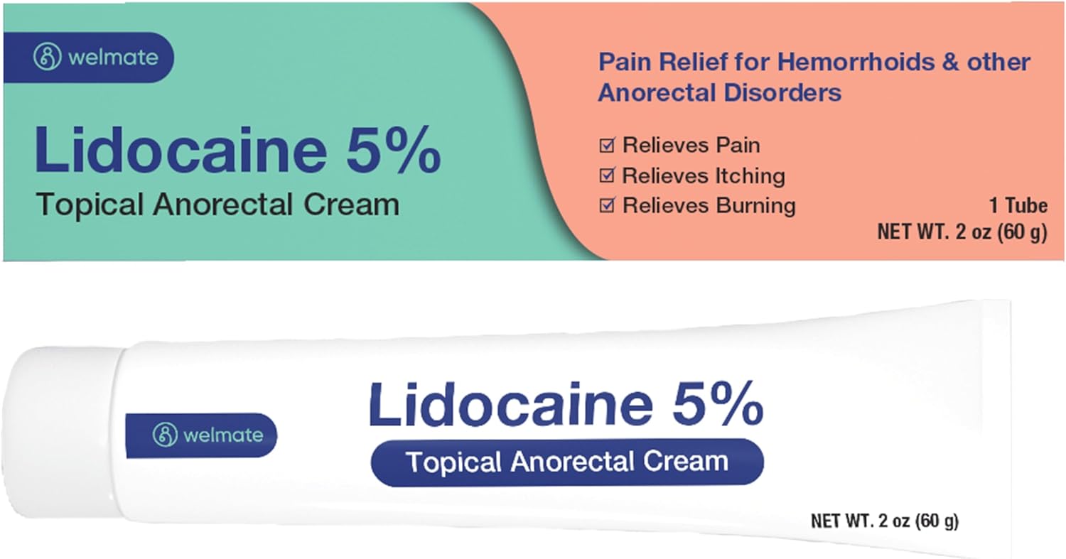 WELMATE - 5% Lidocaine Numbing Cream, 2oz (60g) - Maximum Strength Lidocaine Cream - Hemorrhoid Relief - External Use Anesthetic, Vitamin E - Child Resistant - Topical Skin Care, HSA & FSA Eligible