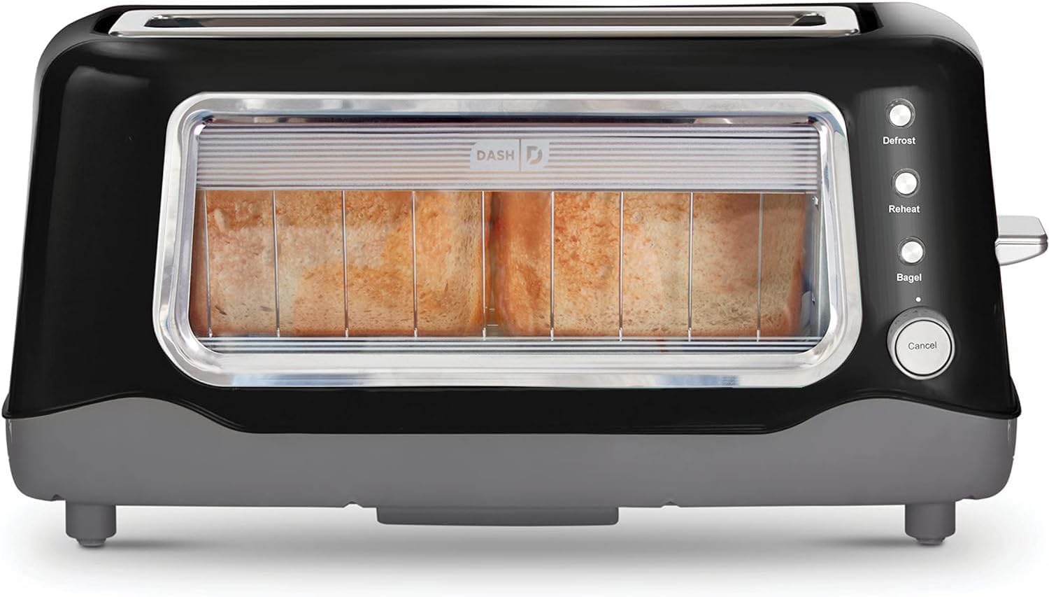 DASH Clear View Toaster - Compact Design with 7 Browning Levels & Clear-View Window, Extra-Wide Slot Large Toaster, 1-Touch Defrost, Reheat & Bagel Functions - Easy Clean Up Crumb Tray (Black)