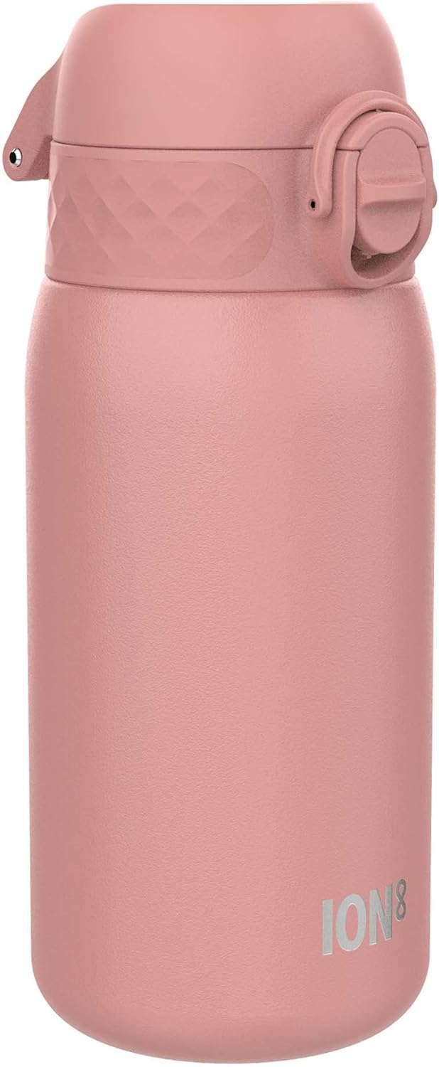 Ion8 Kids Water Bottle, Steel 400 ml/13 oz, Leak Proof, Easy to Open, Secure Lock, Dishwasher Safe, Flip Cover, Carry Handle, Easy Clean, Durable, Scratch Resistant, Carbon Neutral, Ash Rose Pink