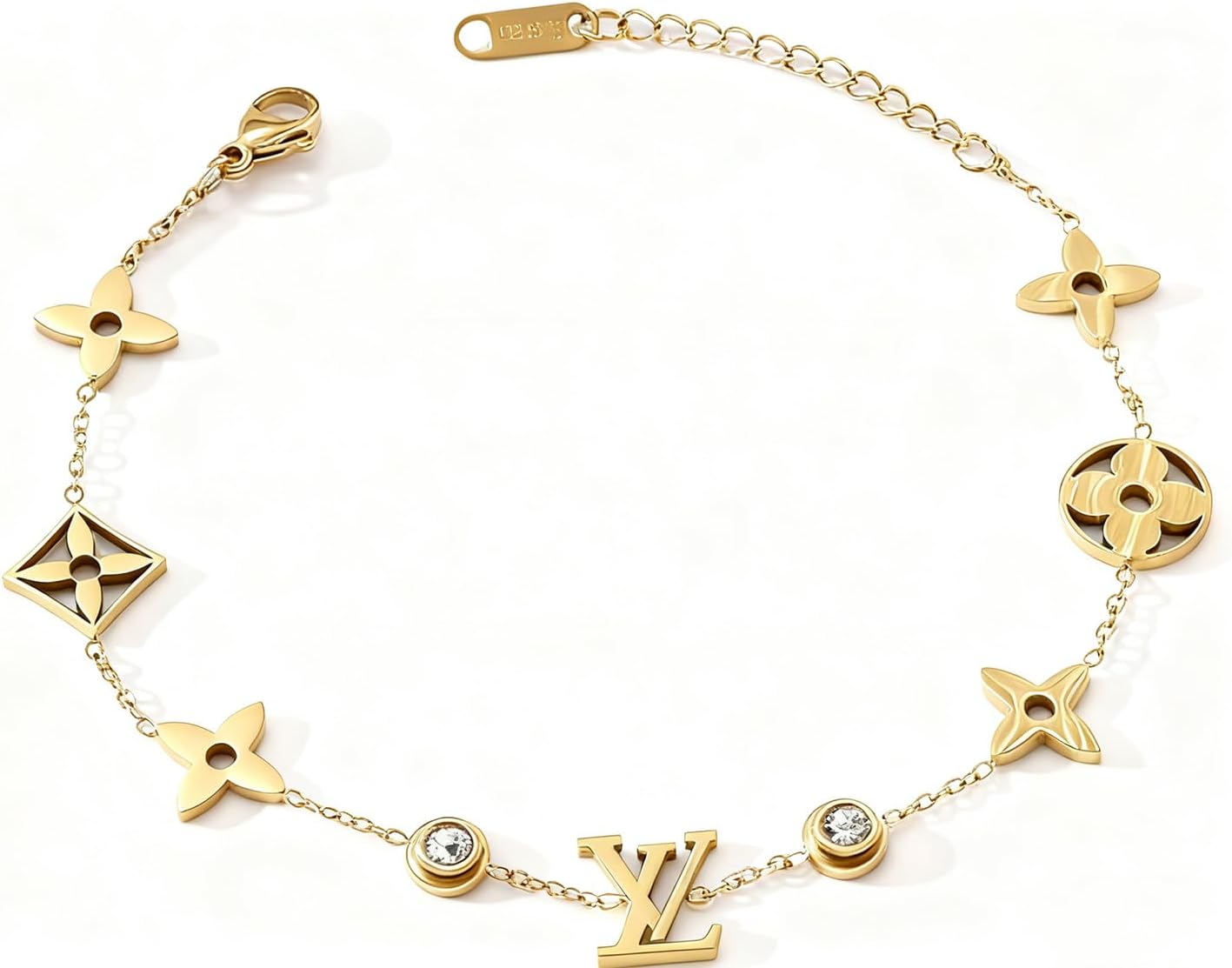 Gold-Tone Floral Chain Bracelet with Crystal Accent, Monogram Design, Fashion Jewelry for Women
