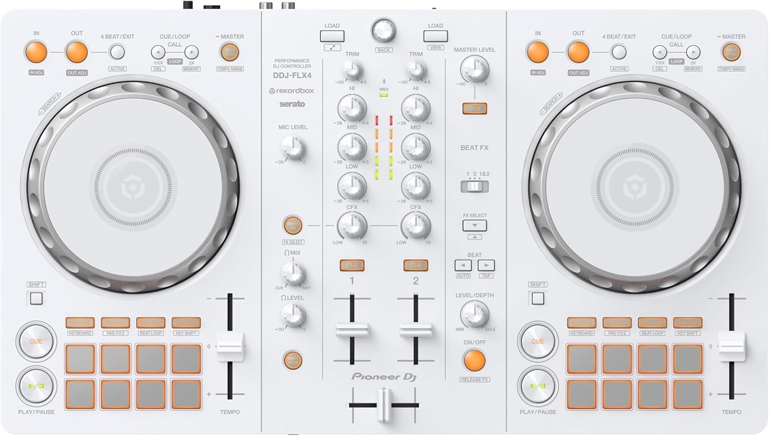 Pioneer DJ DDJ-FLX4 2-Channel DJ Controller, 16 Pads, White | For learners and improvers in white, 2-channel 2-deck controller, Smart Fader, Smart CFX, mic and livestream ready